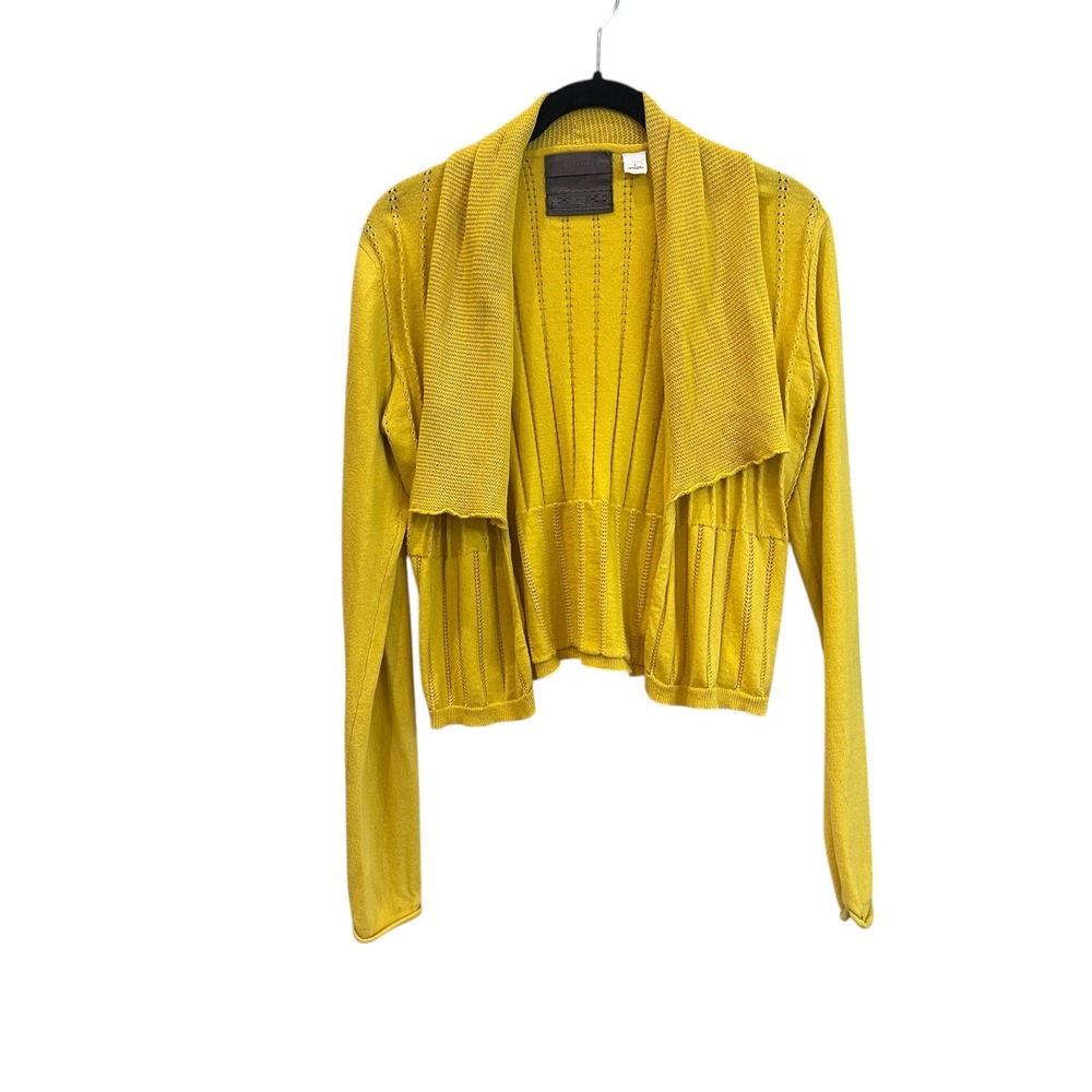 Guinevere for Anthropologie Yellow Knit Open Front Cardigan Pointelle Cotton Med